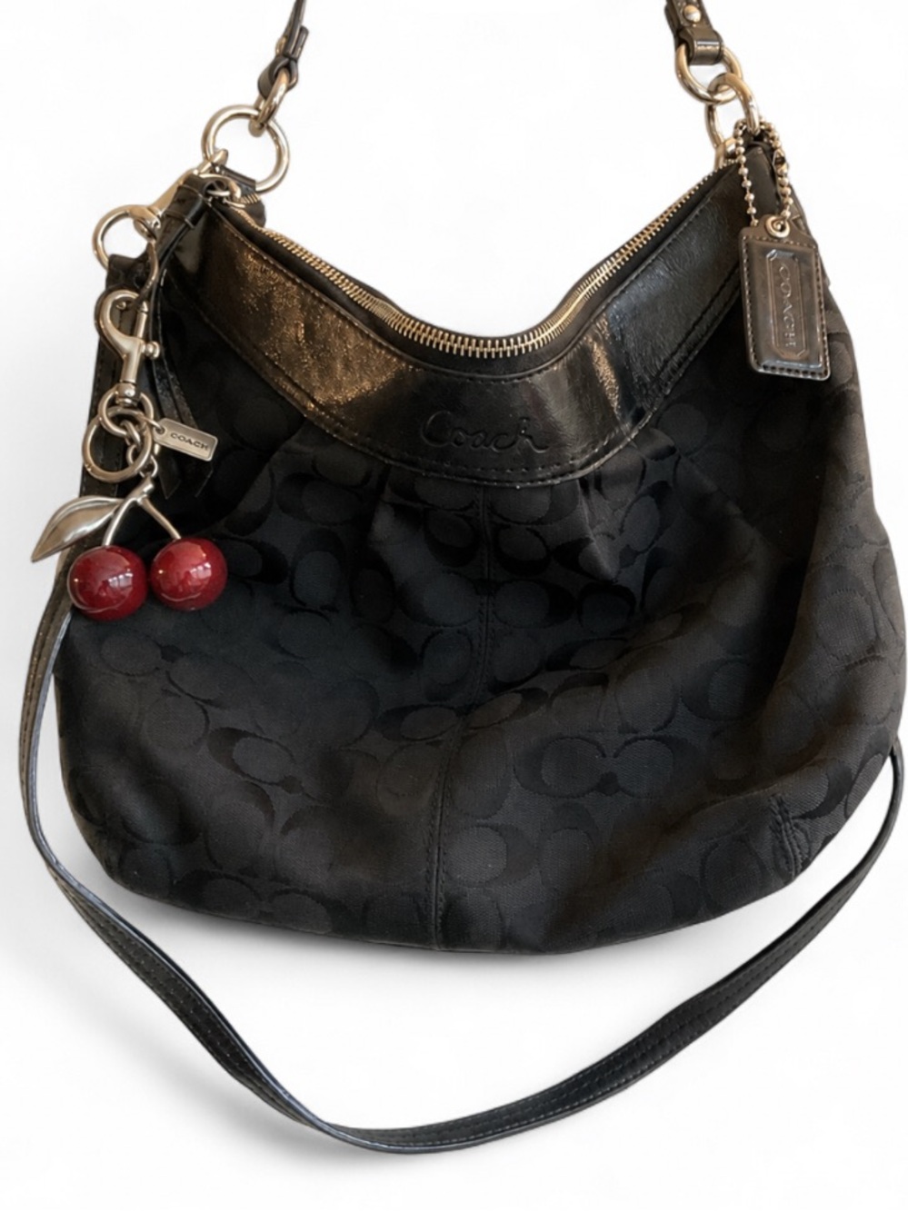 COACH ASHLEY Black Signature Convertible Shoulder Hobo Satin Leather Trim Bag